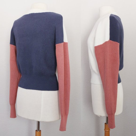 NEW Comune Bonnie Pink Indigo Ivory Colorblock Rib Knit Crew Neck Sweater $88 - Picture 3 of 13
